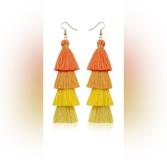 BOHEMIAN FRINGE LAYERED MULTI-COLORED THREADED TASSEL DROP EARRINGS - Picture 2 of 2